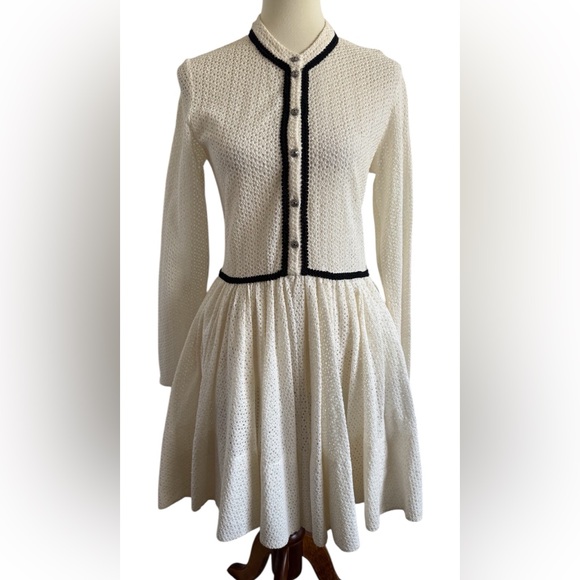 MAJE Rayane Ivory Black Piping Eyelet Lace Puffball Lined Dress Size 3 Large - Picture 2 of 14